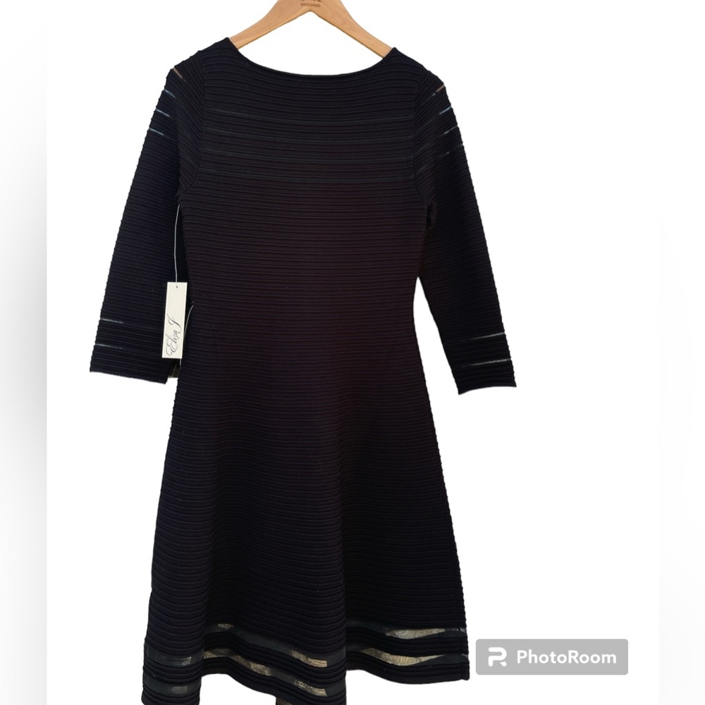 Eliza J mesh fit and flare dress 3/4 sleeve bateau neck black size small - Picture 3 of 10